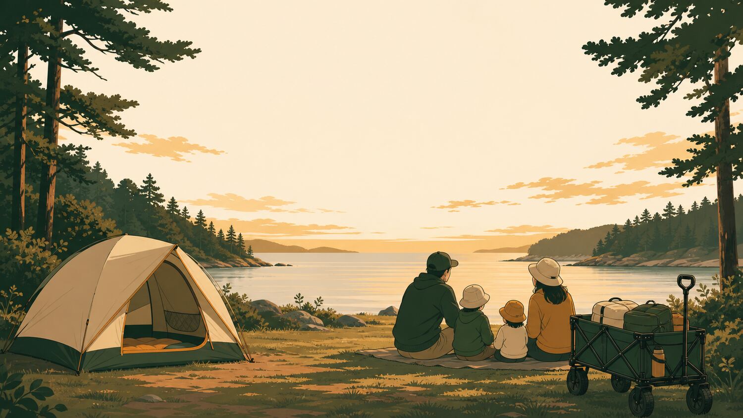 夕暮れの湾岸で家族がテントとワゴンとともに海を眺めるイラスト