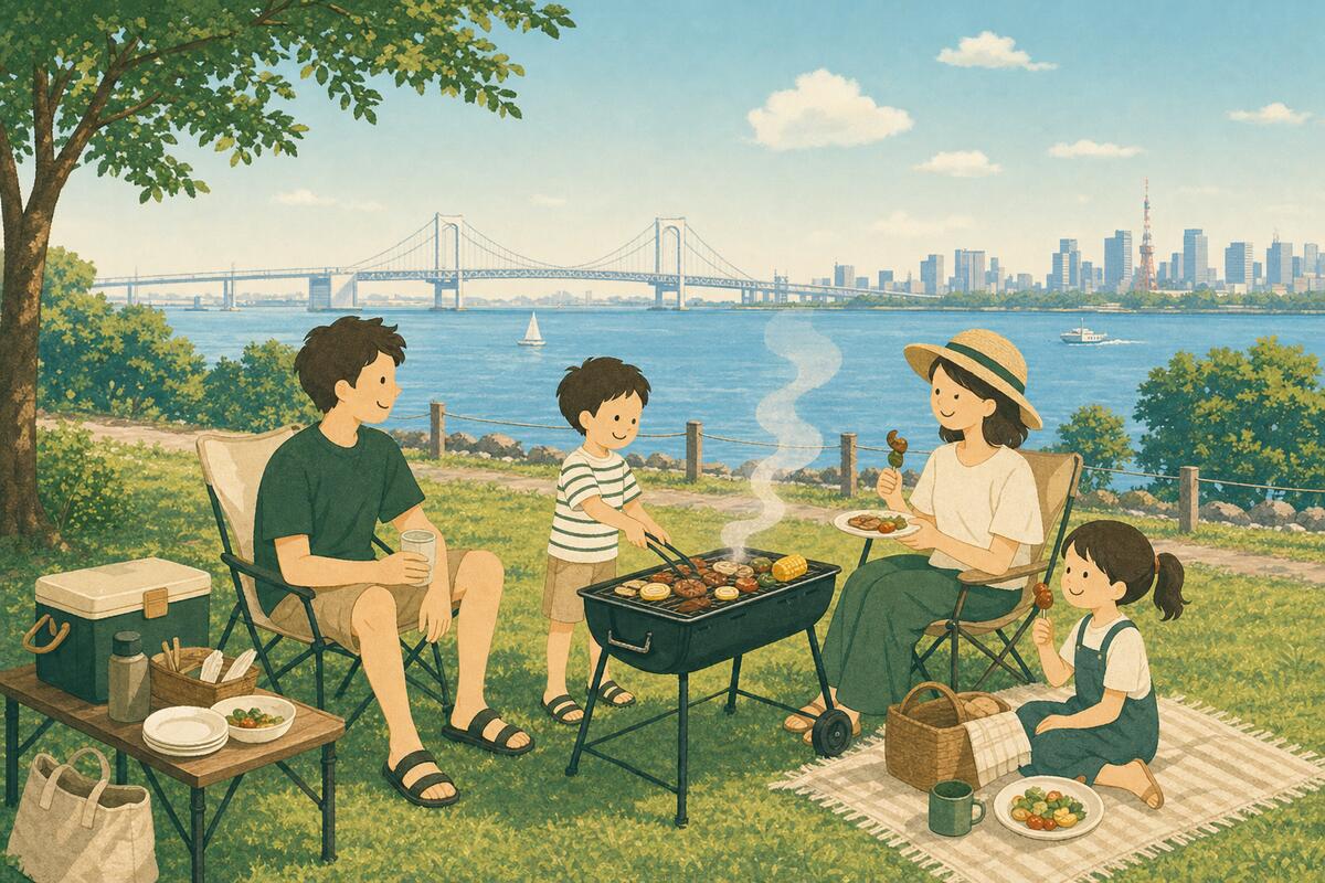 東京湾岸でデイBBQを楽しむ家族のイラスト