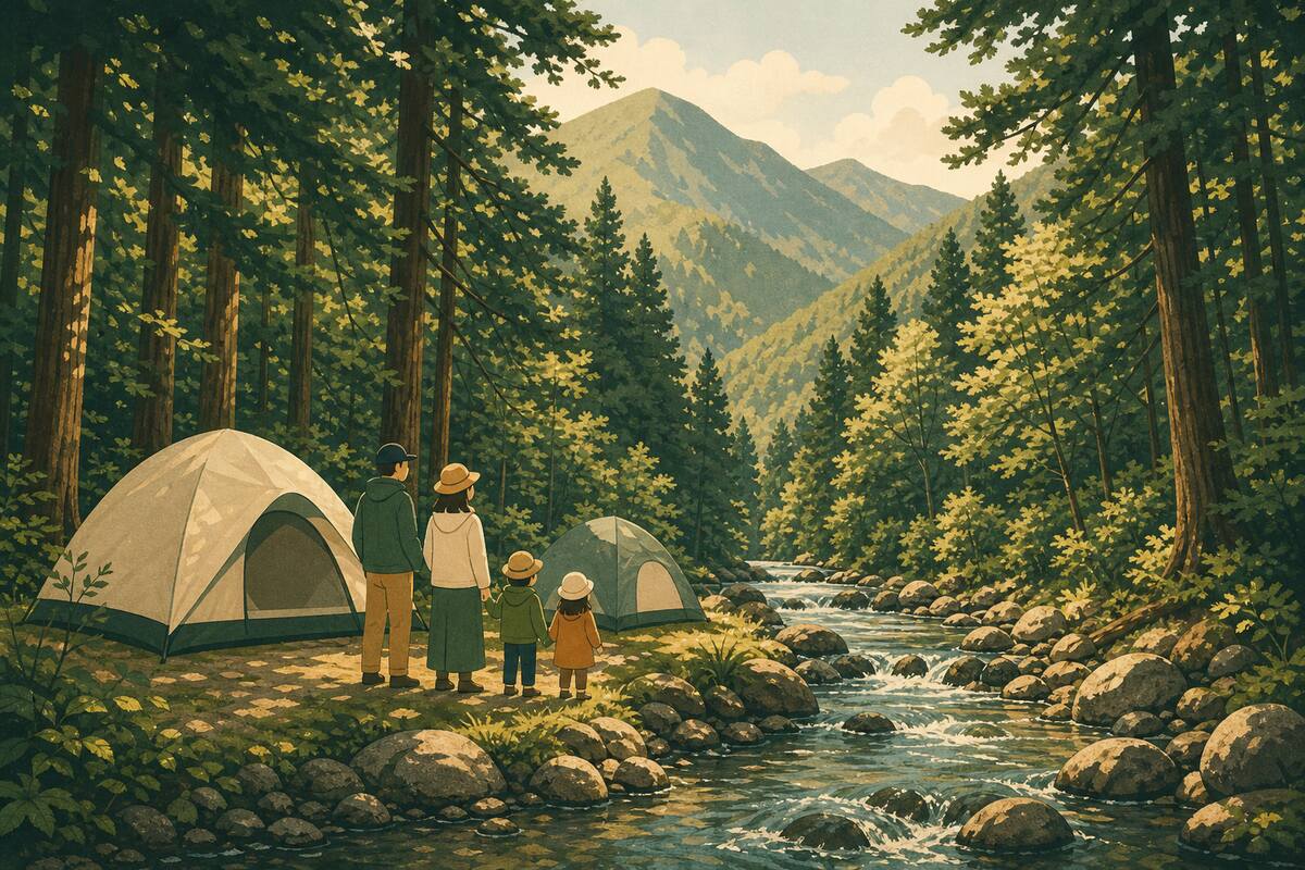 多摩川沿いの森に囲まれた家族向けキャンプ場のイラスト