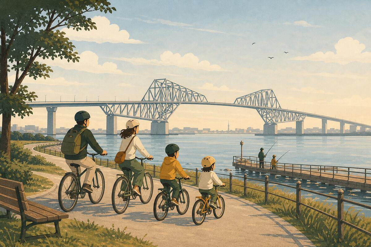 湾岸でサイクリングや釣りができる海浜公園のイラスト